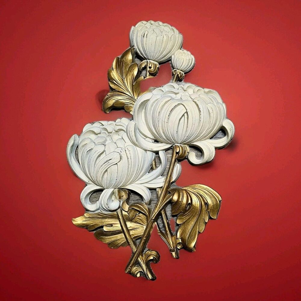 MCM 1962 SYROCO F 🌹  MUM Wall Hanging GOLD LEAVES Chrysanthemum FLOWER 🌹  4460